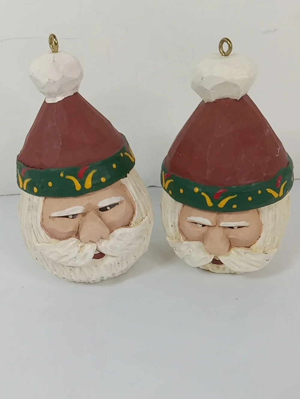 Hand-Carved & Painted Santa Head Folk Art Holiday Ornament Red Hat, White Beard